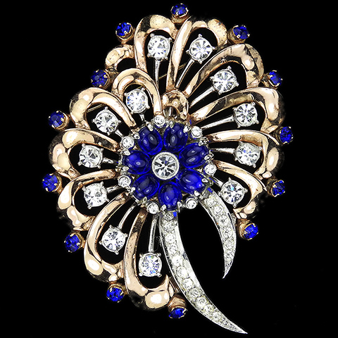Urie Mandle Sterling Gold Pave and Sapphire Cabochons Openwork Flower Bow Swirl Sunburst Pin