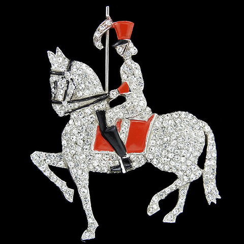 Mosell (? unsigned) Pave and Enamel Soldier with Flag Riding a Horse Pin