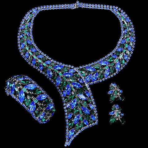 Weiss Emerald and Sapphire Navettes and Baguettes Cravat Necklace, Graduated Sinuous Articulated Bracelet, and Flower Clip Earrings Set