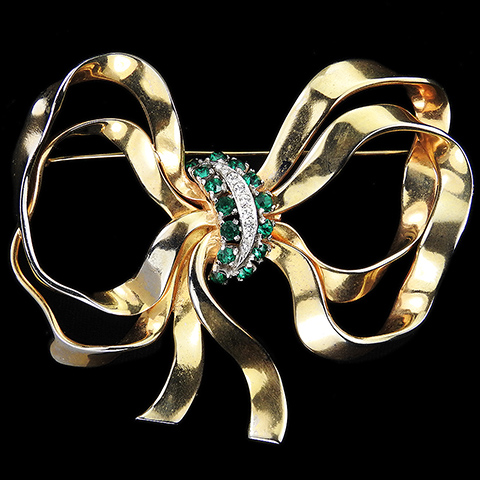 Ciro (by Mazer) Giant Gold Pave and Emerald Bowknot Bow Pin