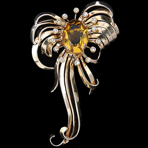 Castlecliff Sterling Gold Diamante Spangles and Oval Cut Citrine Floral Bow Spray Pin