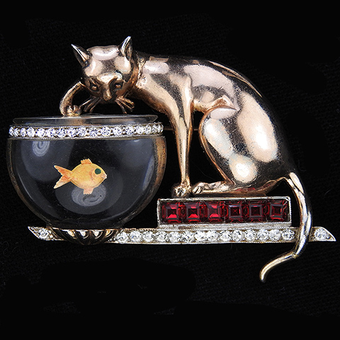 'Anthony Aquilino' Anthony Sterling Cat on Invisibly Set Rubies Plinth Fishing in Jelly Belly Fish Bowl Pin