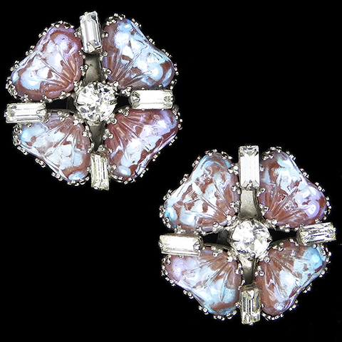 Hobe Diamante Baguettes and Sapphiret Hearts Quatrefoil Pansy Flower Button Clip Earrings