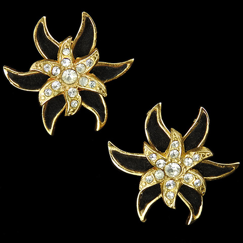 Henry a la Pensee Made In France Gold Pave and Black Velvet Star Clip Earrings