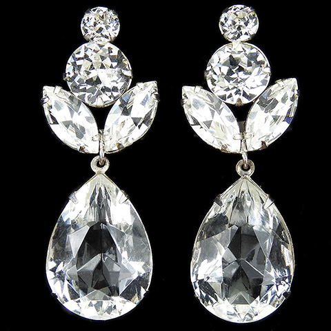 Mimi Di N Diamante Chatons Navettes and Pendant Teardrop Crystals Clip Earrings
