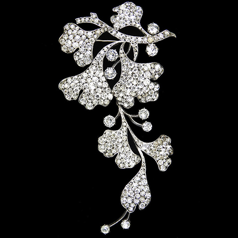 Knoll & Pregizer Germany Sterling Open backed Foiled Rhinestones Trailing Pendant Floral Spray with Leaves Pin
