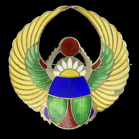 Shepard Mfg Co Sterling and Cloisonne Enamel Deco Egyptian Revival Winged Scarab and Sun Pin