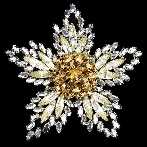 Made in France (marked Depose) Citrine and Diamante Navettes and Gold Hematite Star Flower Pin Clip
