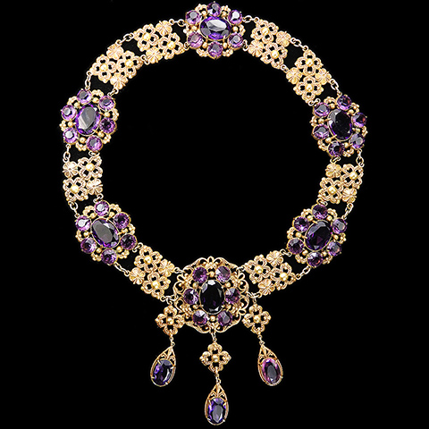 Ricarde of Hollywood 'Maximilian' series, from the Bette Davis film 'Juarez', 'Empress' Gold Filigree and Amethysts Triple Pendant Necklace