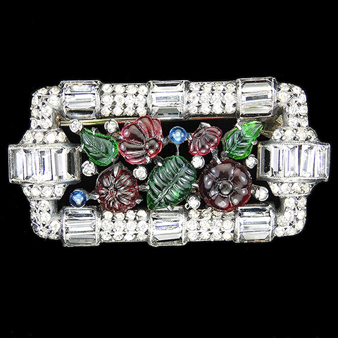 French Open Backed Diamante Baguettes and Emerald and Ruby Fruit Salads Deco Bar Pin