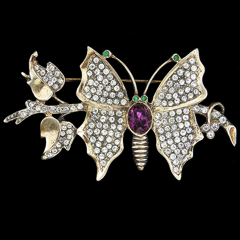 Castlecliff (unsigned) Sterling Amethyst and Emeralds Pave Butterfly on a Branch Pin