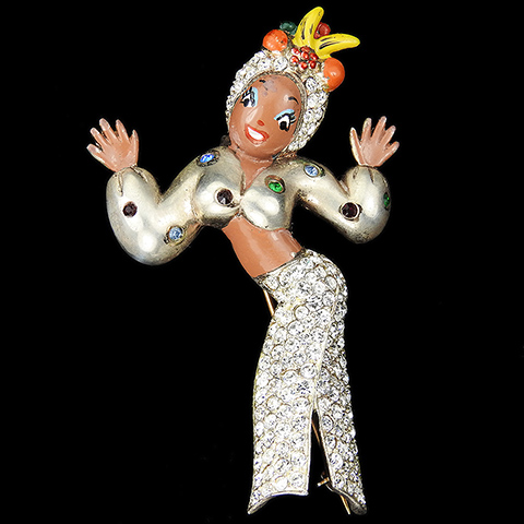'Grayce Norato' Sterling Pave and Enamel Lady Cuban Dancer with Fruit Headdress Pin