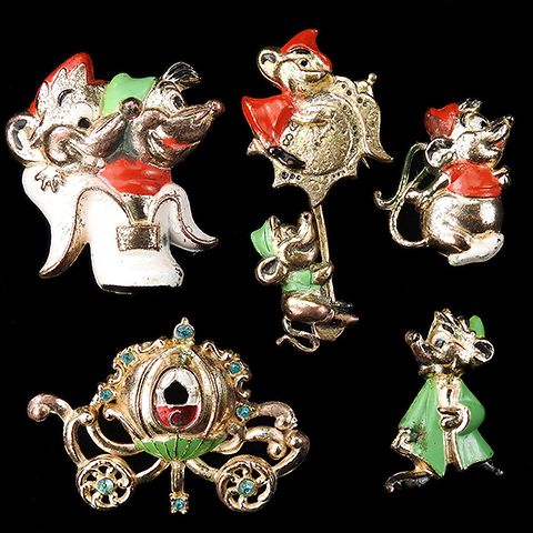 Set of 5 Walt Disney Cinderella Pins - Jaq and Gus (Mice); Mice together in a Boot, and on a Cuckoo Clock; and Cinderella's Pumpkin Coach