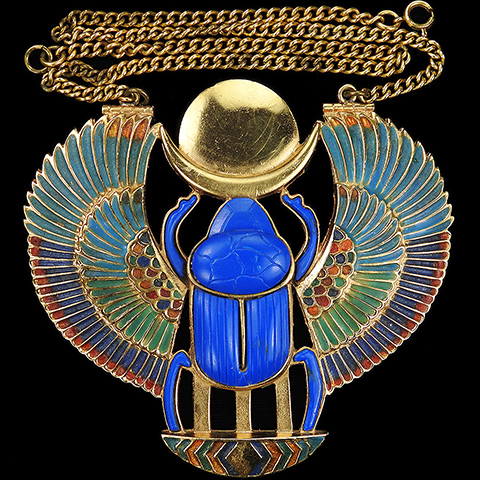 Thomas Fattorini Ltd Giant Gold Lapis and Enamel Egyptian Revival Scarab Pendant Necklace