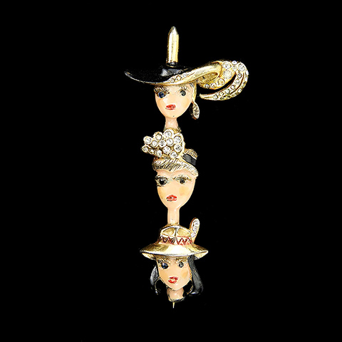 Mosell Gold Pave and Enamel Three Ladies Wearing Hats Pin (missing one Lady)