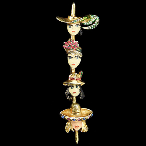 Mosell Gold Pave and Enamel Four Ladies Wearing Hats (including a Sombrero) Pin