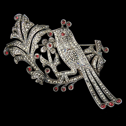 'David's 5th Avenue' Sterling Ruby and Marcasite Bird and Flower Pin