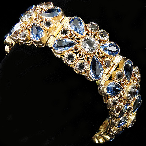Hobe Diamante and Blue Topaz Gold Filigree Openwork Eight Link Bracelet