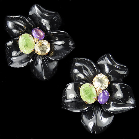 Bounkit Gold Real Amethyst Cabochon Green Quartz and Citrine Five Onyx Petals Flower Clip Earrings