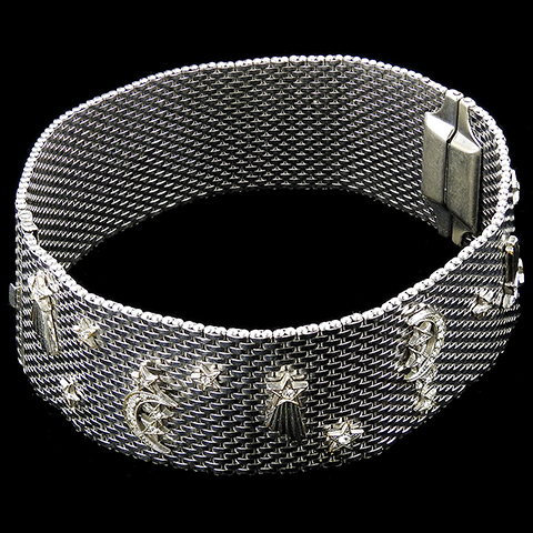 Kreisler White Gold Finished Basketweave Plain Cuff, and Jeweled Moon, Stars and Shooting Stars Cuff, Pair of Bracelets or Choker Necklace 