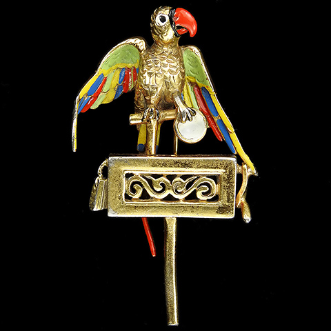 Castlecliff (unsigned) Gold and Enamel Organ Grinder's Parrot on its Perch with Collection Bowl Pin Clip