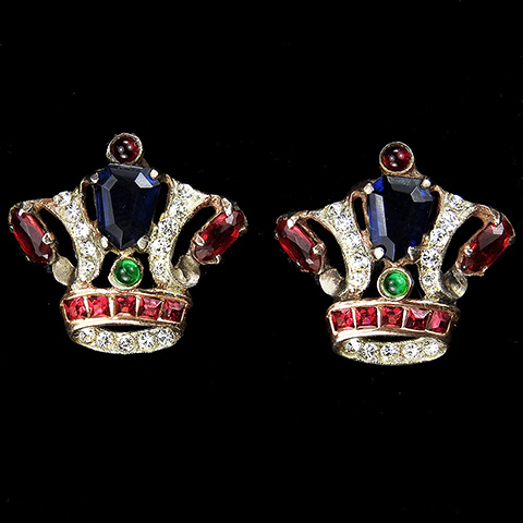 Nordic Sterling Ruby Sapphire and Emerald Royal Crown Clip Earrings