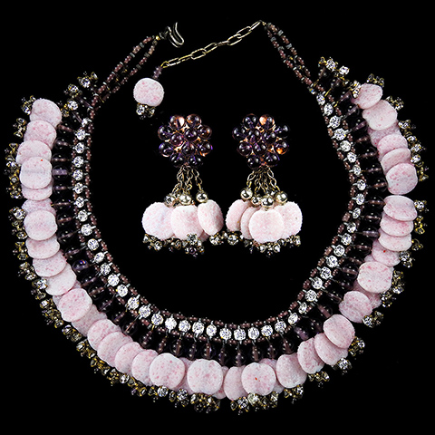 Rousselet Diamante Amethyst and Topaz Beads and Faux Pink Jade Multiple Pendant Necklace and Pendant Clip Earrings Set