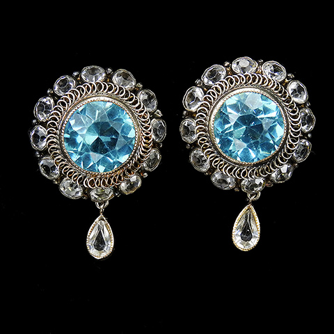 Hobe Gold Filigree Diamante and Aquamarine Chaton Button with Single Pendant Teardrop Clip Earrings