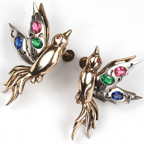 Deco Sterling Gold and Silver Double Winged Birds Screw Back Earrings