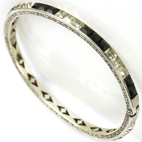 Deco Sterling Invisibly Set Onyx and Diamante Bangle Bracelet
