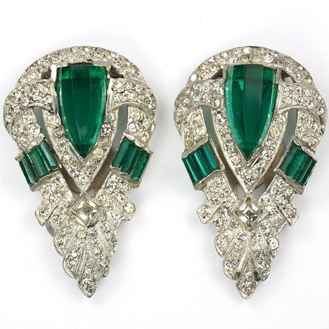 Deco Pair of Faceted and Baguette Emeralds Pave Shield Dress Clips