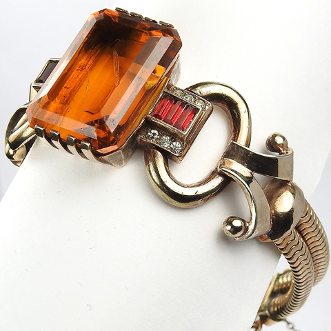 Deco Gold Invisibly Set Rubies and Table Cut Topaz Bracelet