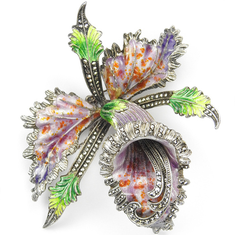 Enamel and Marcasites Orchid with Moveable Stamens Pin