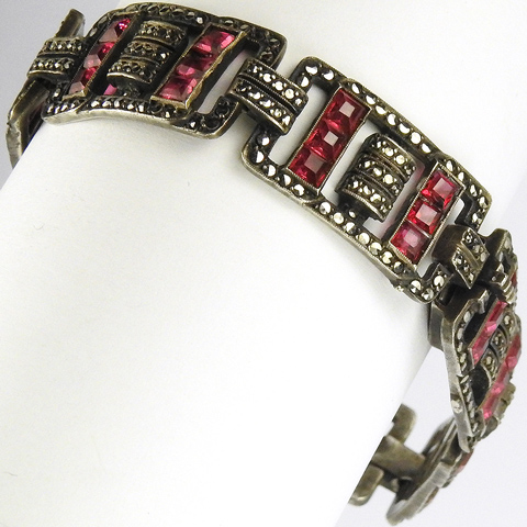 Deco Invisibly Set Rubies and Marcasites Bracelet