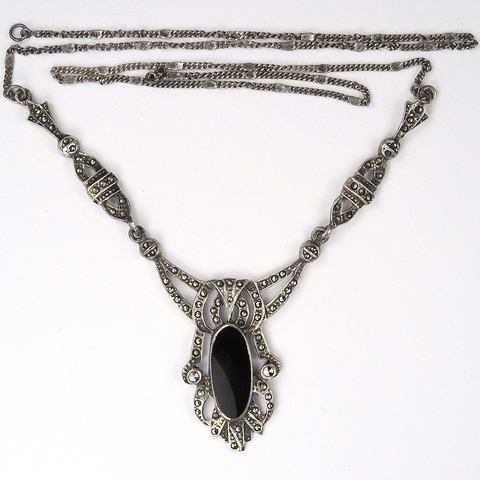 Deco Sterling Marcasites and Onyx Three Element Pendant Necklace