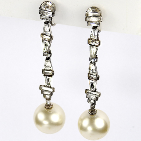 Deco Sterling Diamante Baguettes Demilunes and Kite Shaped Stones Giant Pendant Pearls Screwback Earrings