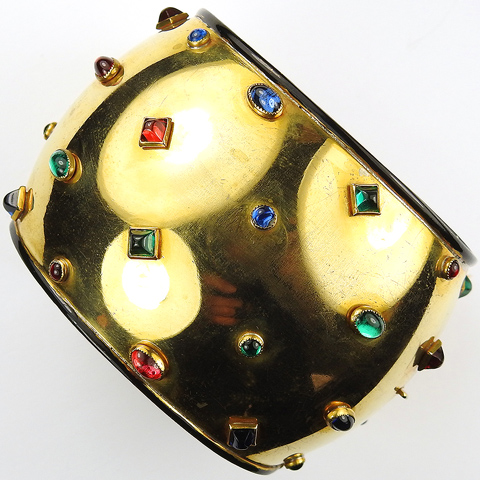 Deco (after Jean Fouquet) Gold Black Enamel and Multicolour Studded Gems Wide Bangle Cuff Bracelet