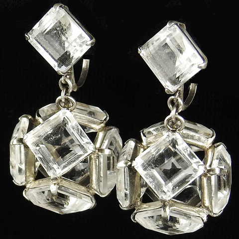 Deco Silver and Square Cut Rock Crystal Pendant Polyhedron Screwback Earrings