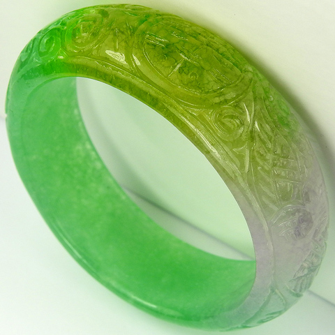Deco Green Purple and Yellow Mottled Translucent Jade Carved with Scroll Motifs Narrower Circular Bangle Bracelet