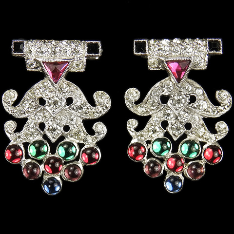 Deco Sterling 1930s Jewels of India Style Pave and Multicolour Square, Triangle and Cabochon Cut Stones Pair of Dress Clips
