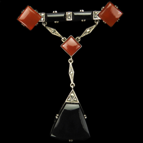 Deco Sterling Marcasites Onyx and Chalcedony Bar Pin with Triangle Pendant