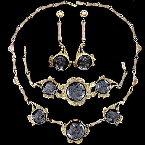 Victorian or Edwardian Silver Gilt and Carved Hardstone Inset Grecian Cameo Heads Necklace Bracelet and Pendant Screwback Earrings Set