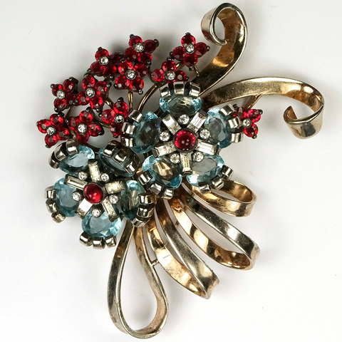 Pennino Sterling Double Aquamarine Flowers and Ruby Florets Golden Bows Pin
