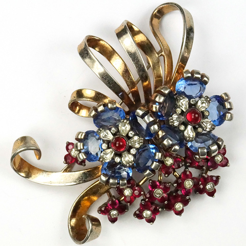 Pennino Sterling Double Sapphire Flowers and Ruby Florets Golden Bows Pin
