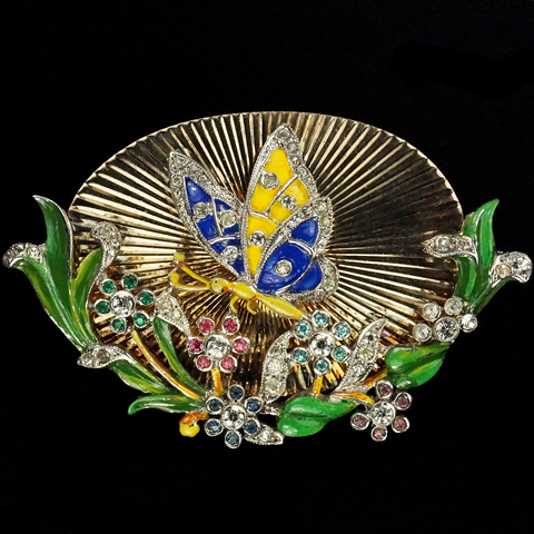 Dujay Pave and Enamel Butterfly Flowers and Branches against a Golden Sunburst Pin