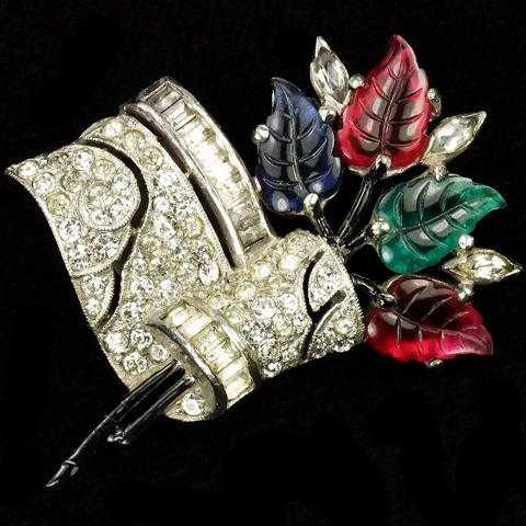 Dujay (unsigned) Diamante and Fruit Salads Bunch of Flowers in a Deco Pave Enamel and Baguettes Scarf Dress Clip