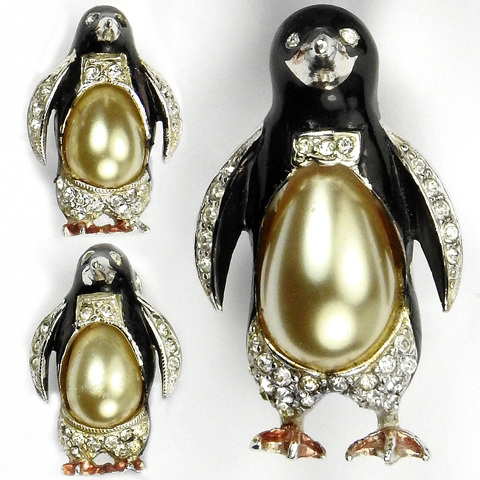 Dujay for (and marked) Ciro Pearl Belly and Enamel Penguin Pin and Screwback Earrings Set