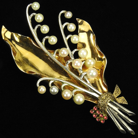 Dujay Sterling Gold and Pearls Lily of the Valley Flower with Bow Pin