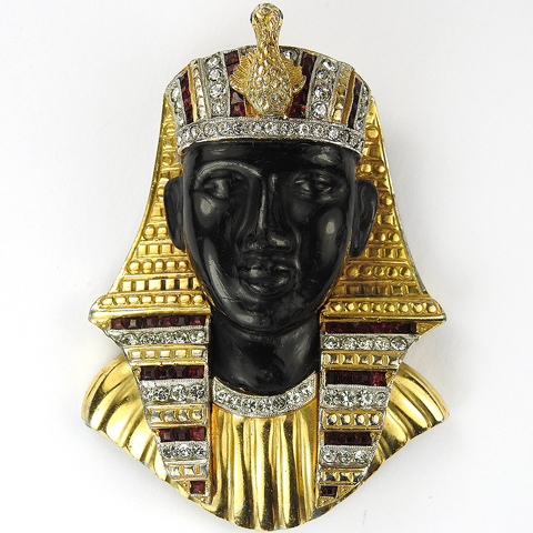 Dujay Gold Pave and Invisibly Set Rubies Egyptian Pharaoh's Head Blackamoor Pin Clip