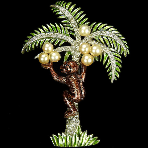 DuJay Pave and Enamel Monkey Picking Pearl Coconuts from a Tree Pin